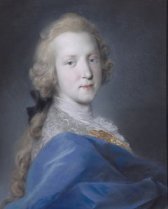 Pastellporträt eines Mannes mit Lockenzopf und blauem Mantel