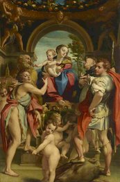 Versammlung um Madonna mit Jesuskind herum, ein Mann tritt auf abgetrenntes Haupt eines Drachen