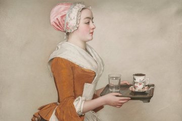 Pastellgemälde eines Dienstmädchens, das Schokolade und Wasser bringt