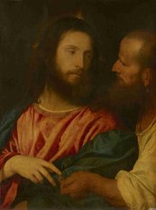 Mann übergibt Münze an Jesus, enger Körperkontakt