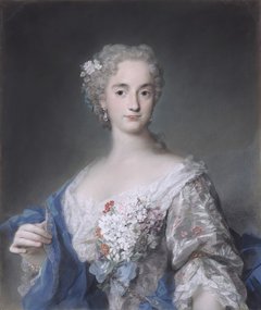 Pastellporträt einer Frau in hellem Kleid mit Blumensträußchen an der Brust